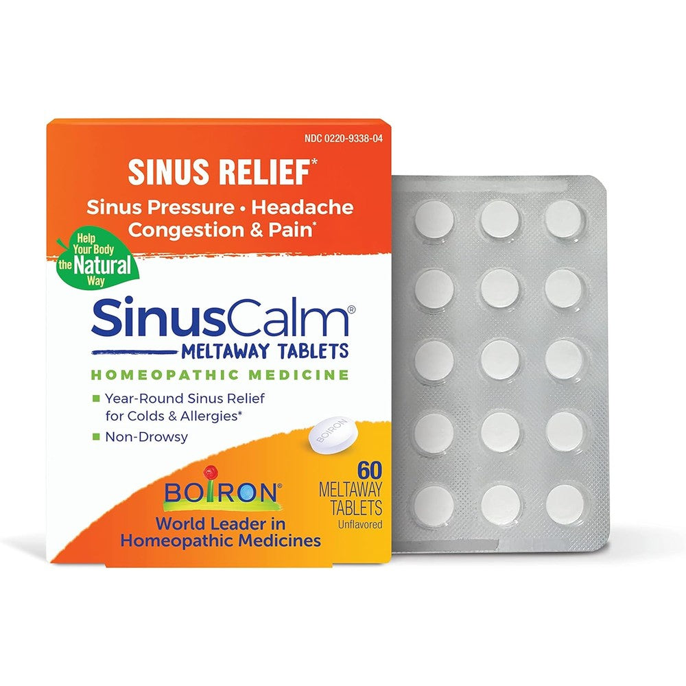 Boiron SinusCalm 60 Count front packaging for homeopathic sinus relief.