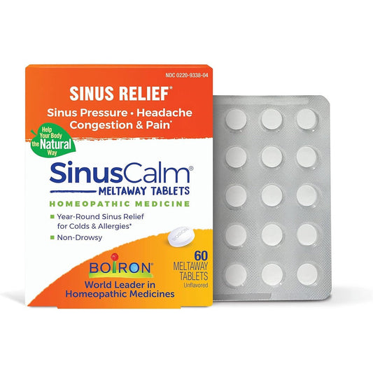 Boiron SinusCalm 60 Count front packaging for homeopathic sinus relief.