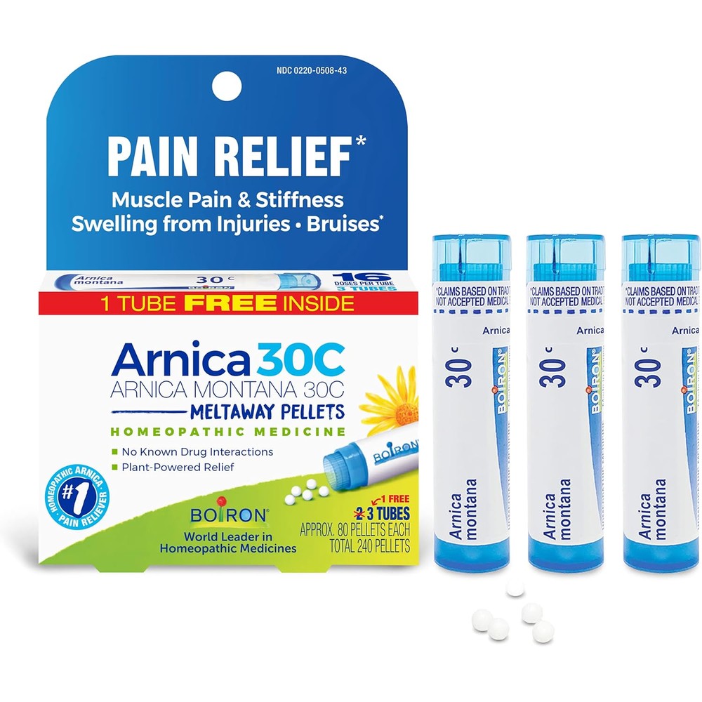 Boiron Arnica Montana 30C pack of three tubes front view for muscle pain relief