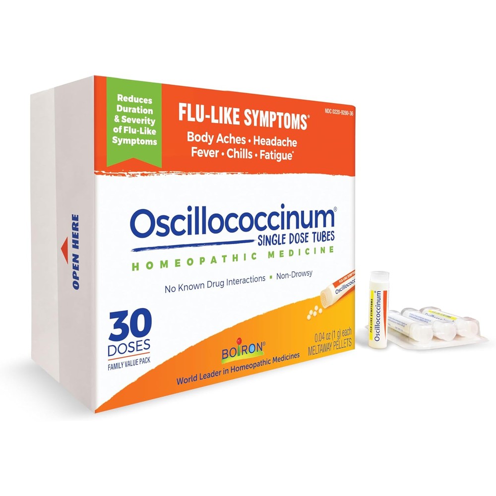 Boiron Oscillococcinum 30 Doses front packaging for homeopathic flu relief.