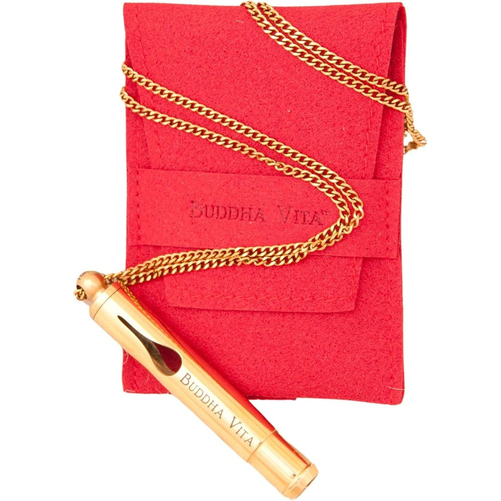 Buddha Vita Breathing Necklace front view in 18k gold finish for anxiety relief