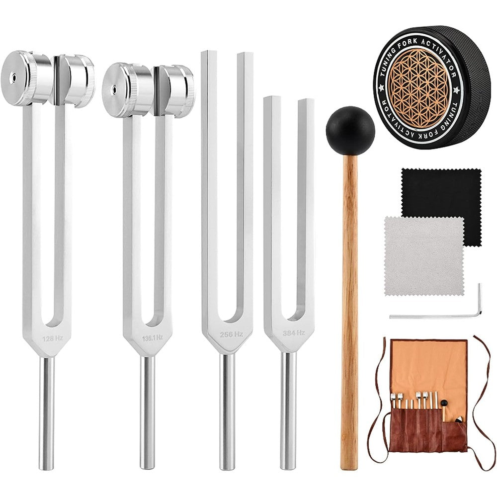 Diheohg tuning forks for healing set front view displaying four aluminum alloy forks on a white background.