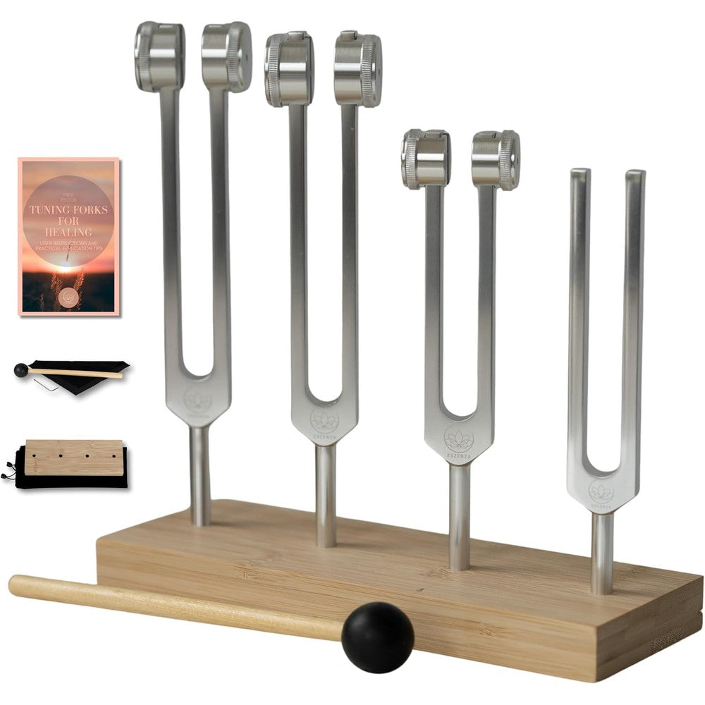 Eszenza tuning forks healing set front view arranged neatly on its natural bamboo display tray with the rubber activation hammer alongside.