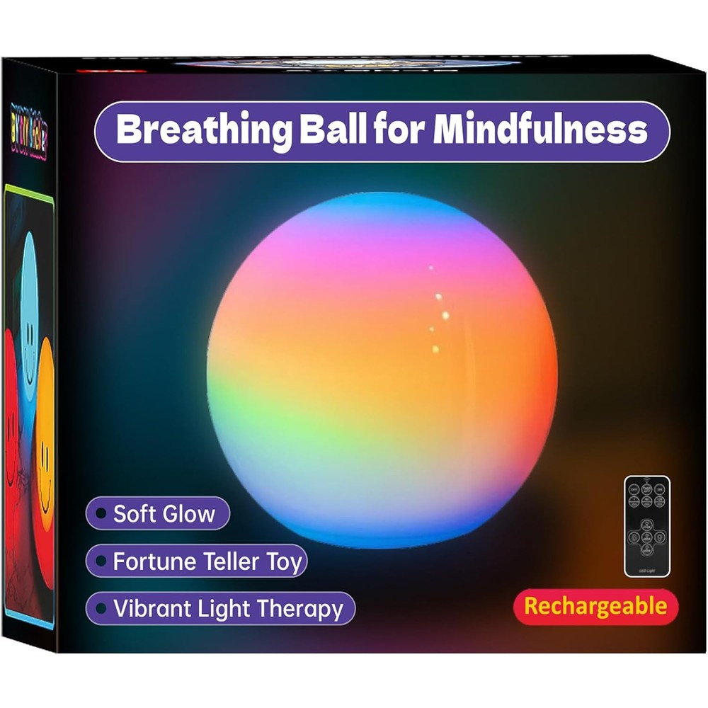 YESIE Breathing Ball visual meditation tool front view showcasing the glowing blue light mode for mindfulness exercises.