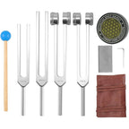 Tofxim Tuning Forks for Healing Set front view showcasing four aluminum instruments in a brown pouch