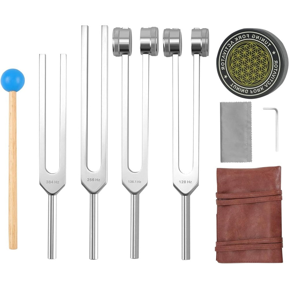 Tofxim Tuning Forks for Healing Set front view showcasing four aluminum instruments in a brown pouch