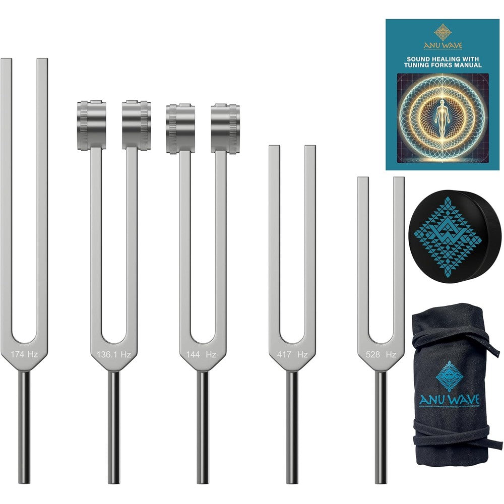 ANU WAVE tuning forks for healing set of 5 front view with storage bag and mallet activator.