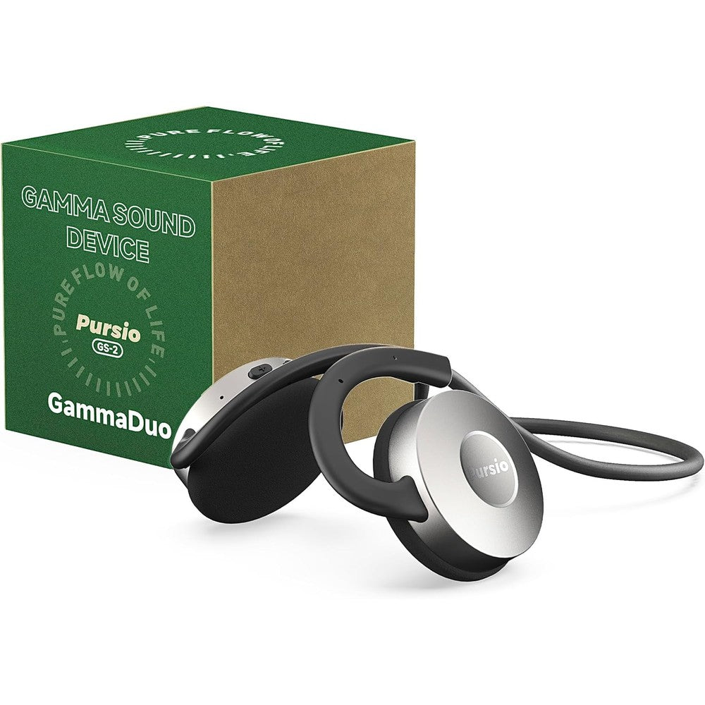 Pursio GammaDuo 40Hz sound therapy device front view showcasing behind-the-ear design