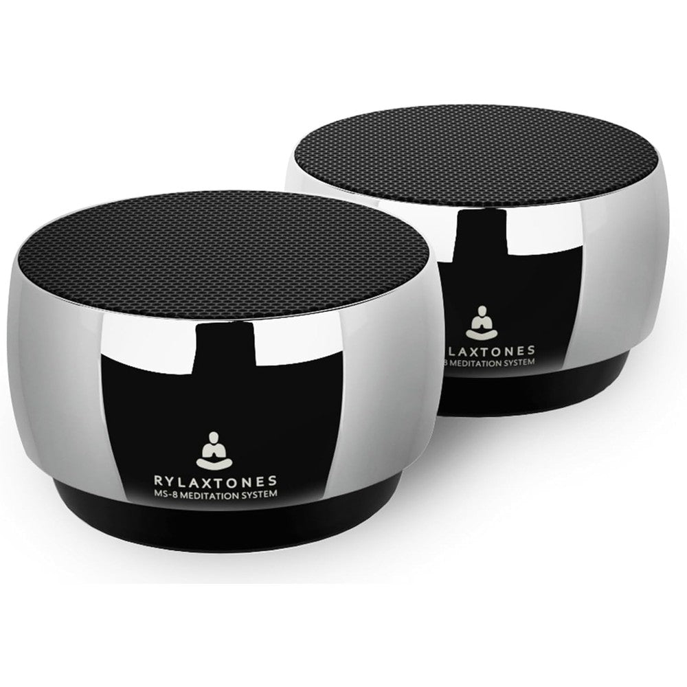 Rylaxtones MS-8 electronic Tibetan singing bowl meditation system front view displaying the premium metal acoustic chamber