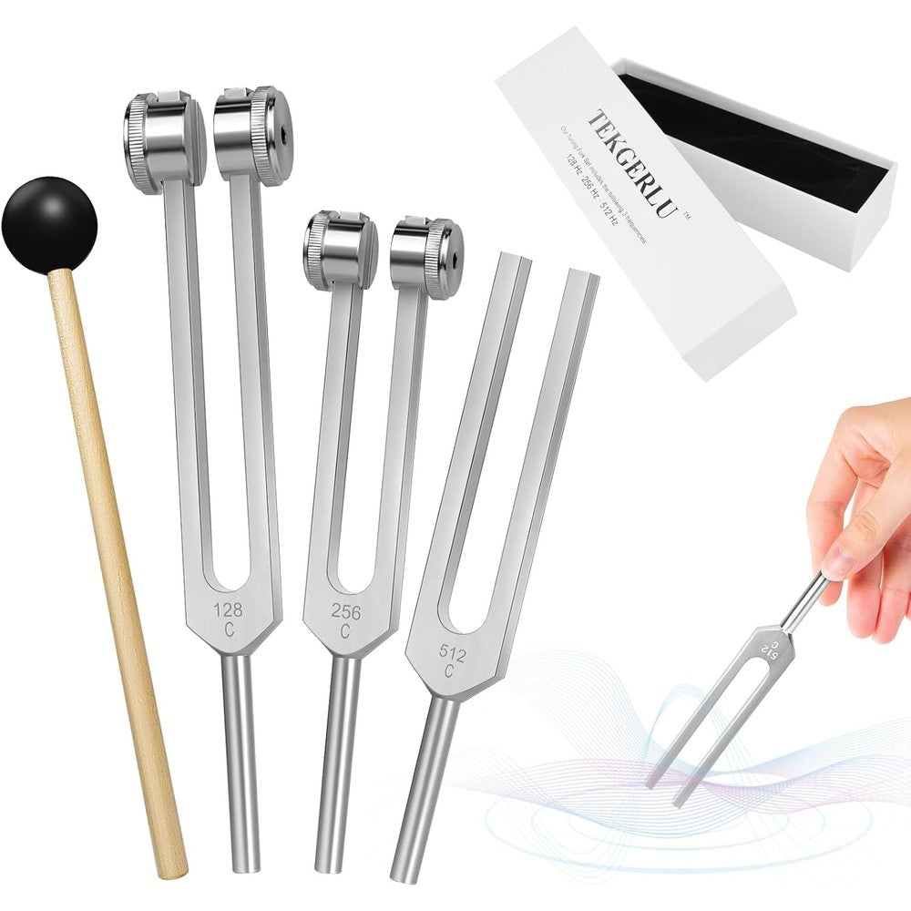 TEKGERLU professional tuning fork kit front view showing three aluminum frequency forks with reflex hammer activator.