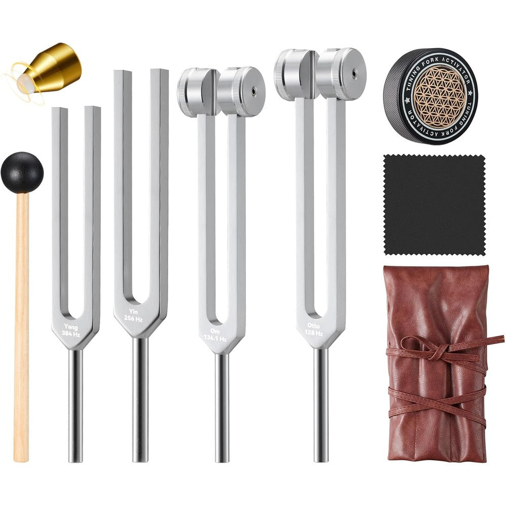 Skitobed Sound Healing Tuning Fork Set front view showcasing four silver weighted forks and black activator mallet
