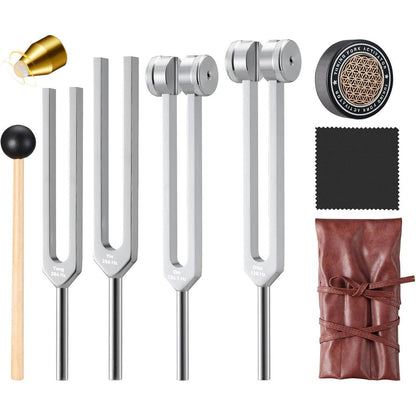 Skitobed Sound Healing Tuning Fork Set front view showcasing four silver weighted forks and black activator mallet