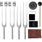 Syizyen Tuning Forks for Healing Set front view displaying four aluminum alloy instruments alongside a black activator mallet and carrying pouch.
