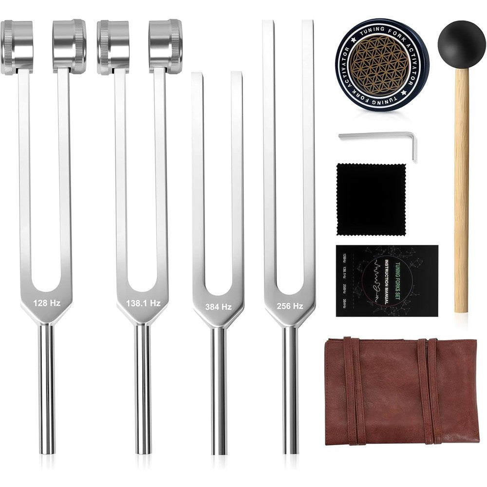 Syizyen Tuning Forks for Healing Set front view displaying four aluminum alloy instruments alongside a black activator mallet and carrying pouch.