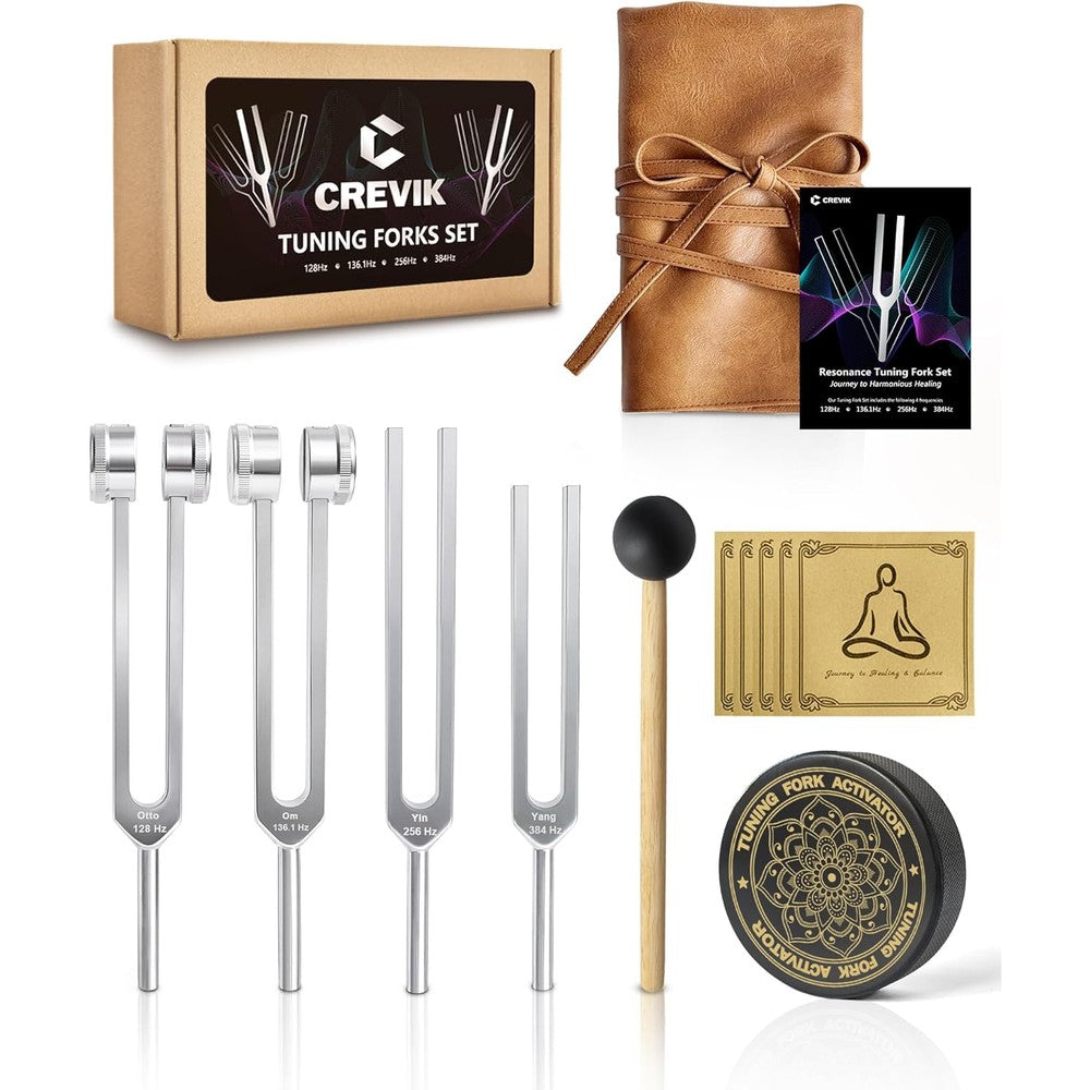 CREVIK Tuning Forks for Healing Set front view showcasing four distinct calibrated premium silver aluminum instruments.