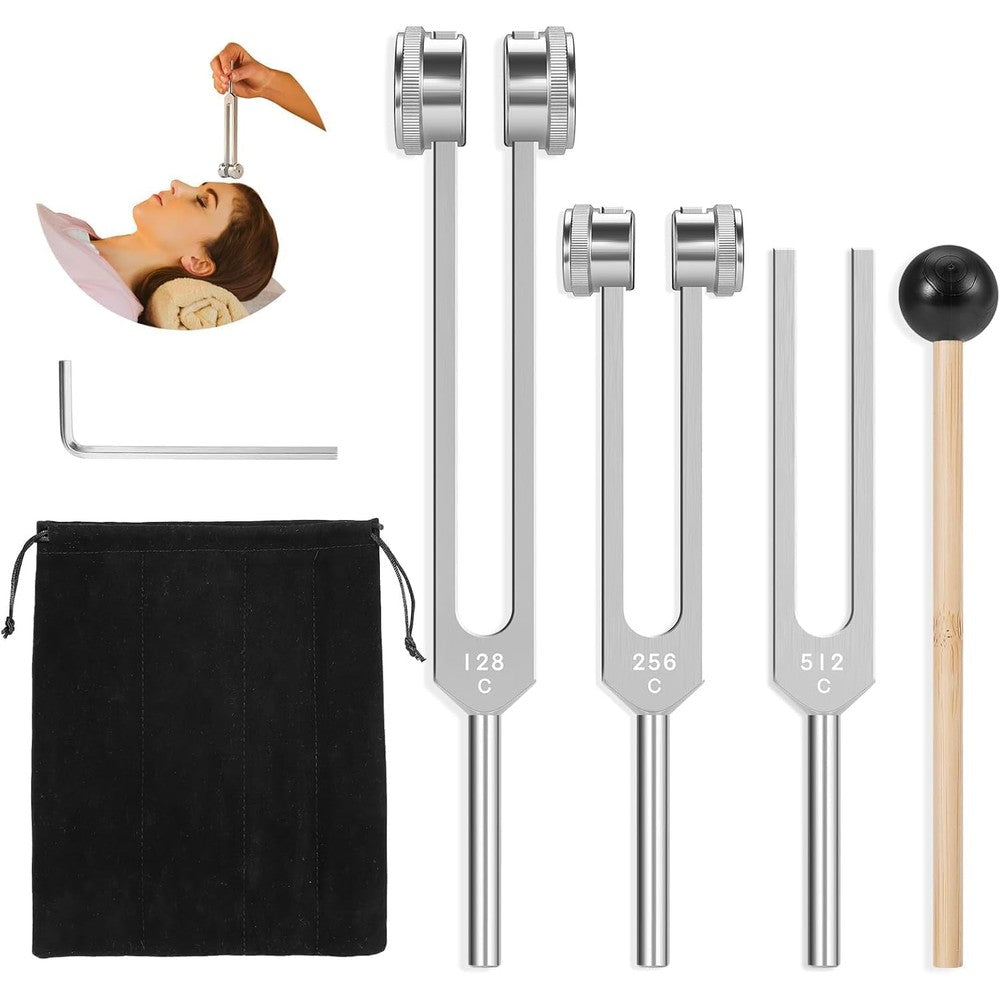 KAIGESZAD tuning forks for healing set front view displaying three aluminum forks and reflex hammer.