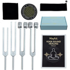 Mayful tuning forks for healing set front view showcasing four silver aluminum forks with rubber activator mallet