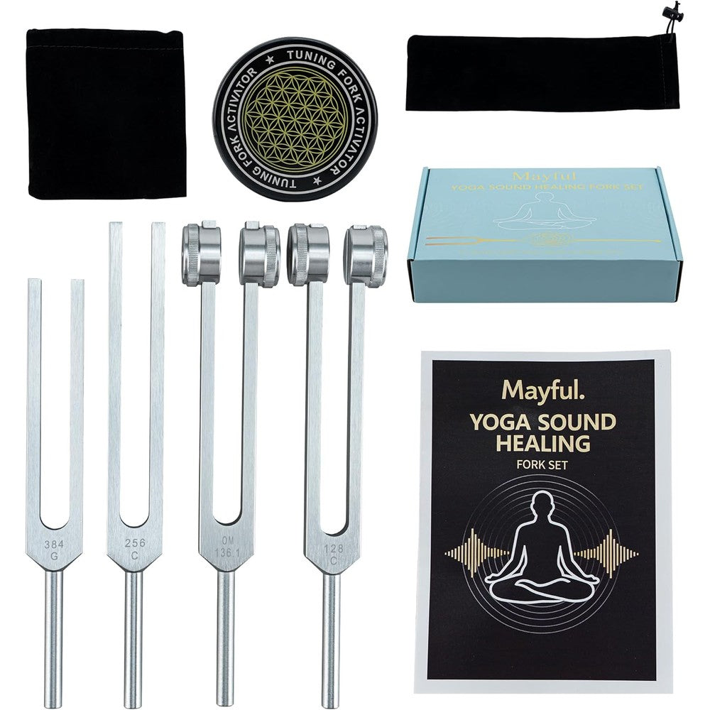 Mayful tuning forks for healing set front view showcasing four silver aluminum forks with rubber activator mallet