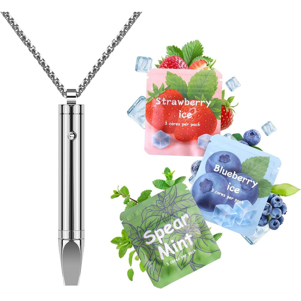 ASTOFLI breathing necklace to quit smoking front view in silver stainless steel finish