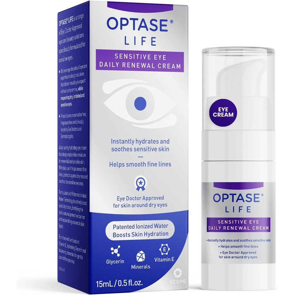 Optase LIFE Sensitive Eye Daily Renewal Cream front pump bottle view