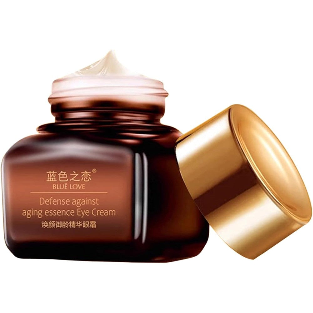 Blue Love Anti-Aging Eye Cream front view jar with gold cap for under eye bags treatment