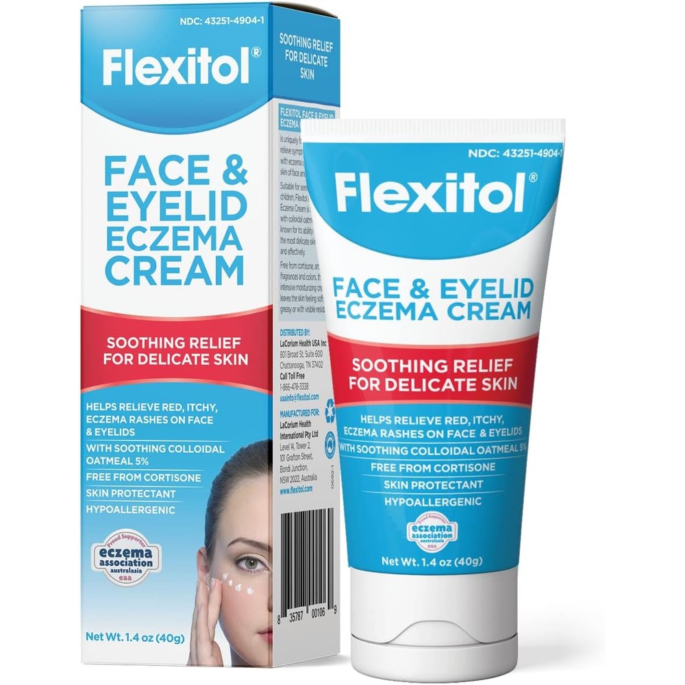 Flexitol Face and Eyelid Eczema Cream front view of the tube package for sensitive skin relief.