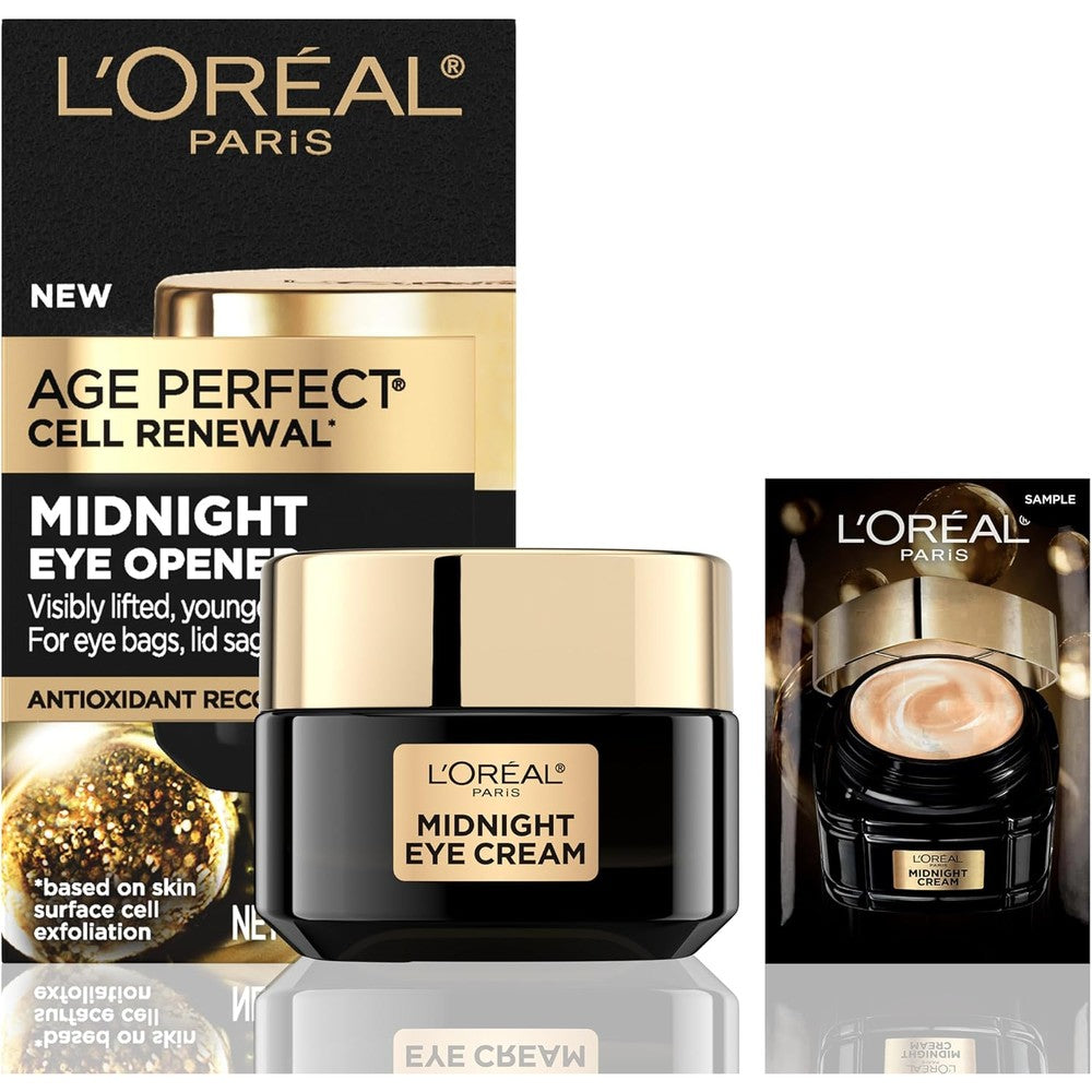 L'Oreal Paris Age Perfect Cell Renewal Midnight Eye Cream front view jar packaging for anti-aging treatment.