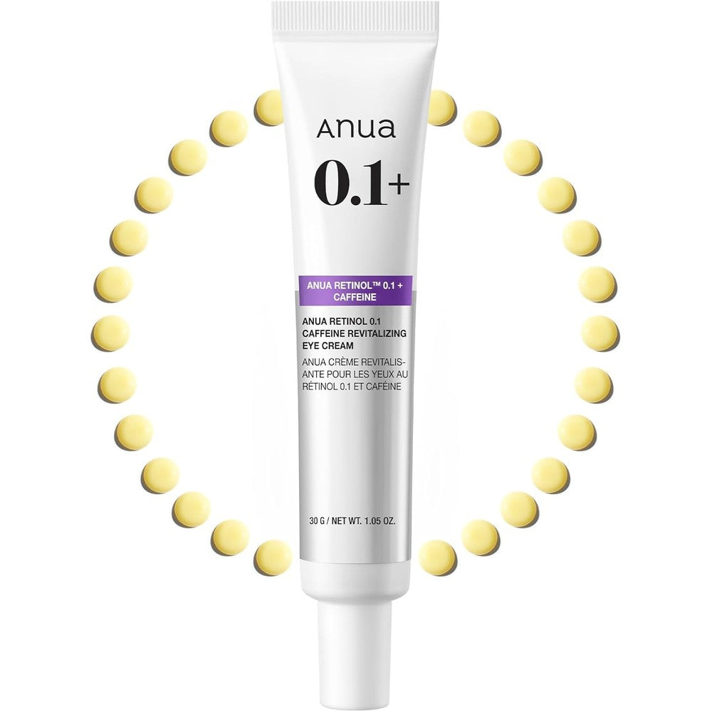 ANUA Retinol 0.1 Caffeine Revitalizing Eye Cream front view of the white and purple tube for dark circles.