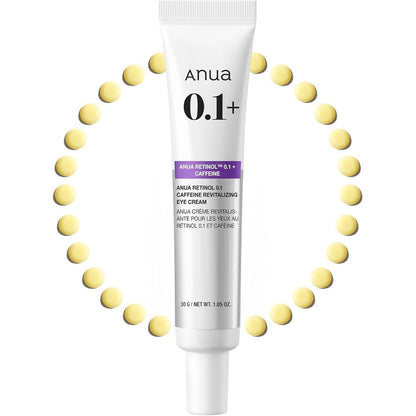 ANUA Retinol 0.1 Caffeine Revitalizing Eye Cream front view of the white and purple tube for dark circles.