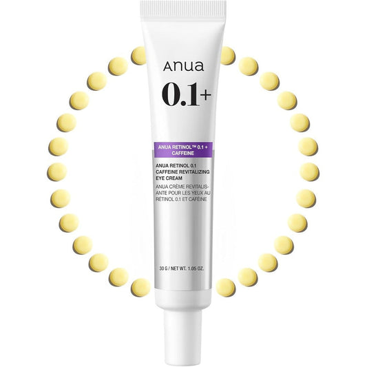 ANUA Retinol 0.1 Caffeine Revitalizing Eye Cream front view of the white and purple tube for dark circles.