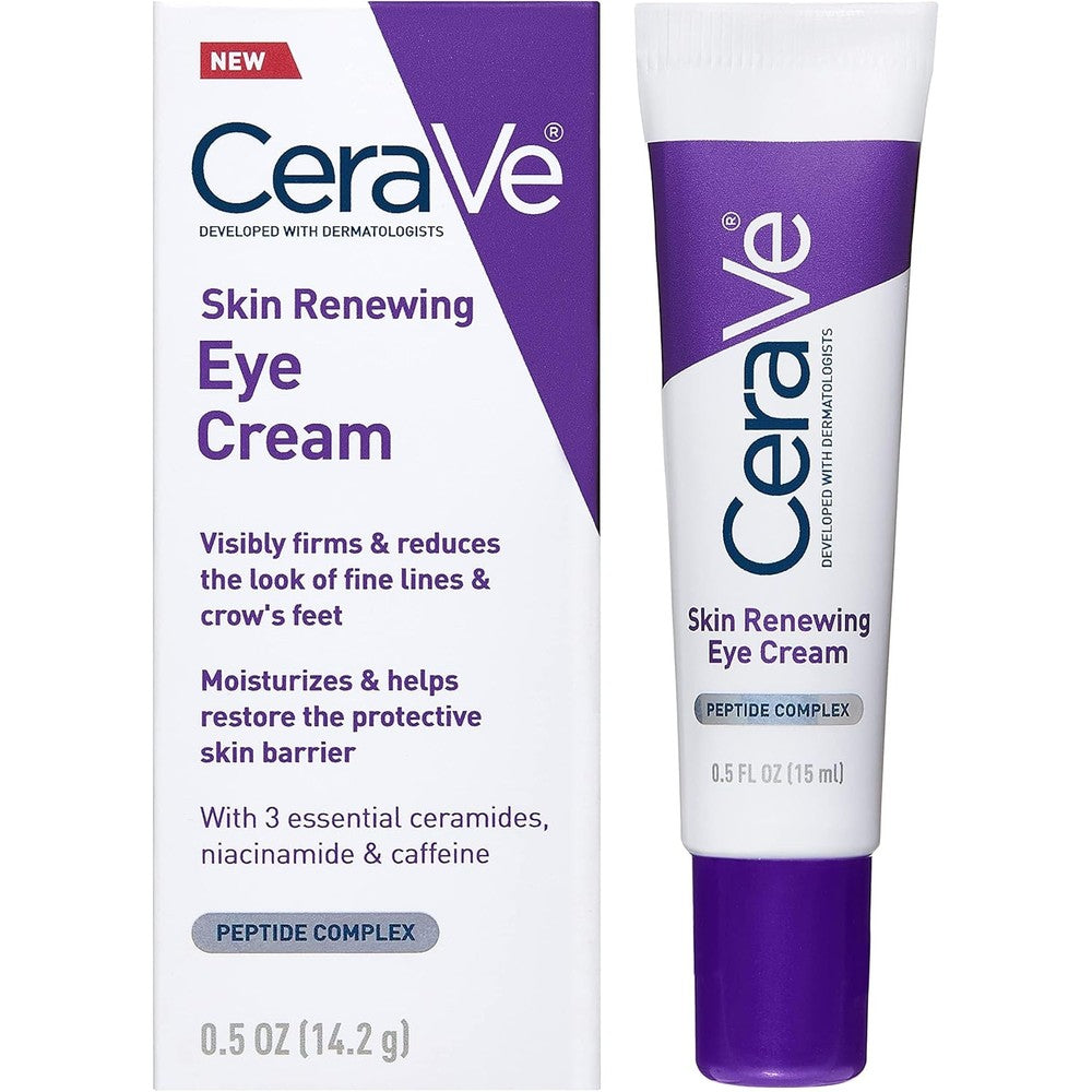 CeraVe Skin Renewing Eye Cream front view of package box and tube showing anti-aging formula