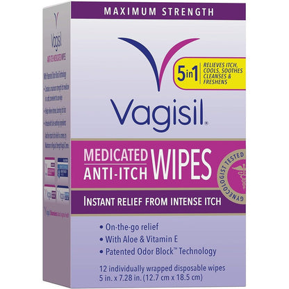 Vagisil Anti-Itch Medicated Feminine Wipes 12 count front packaging for feminine hygiene relief.