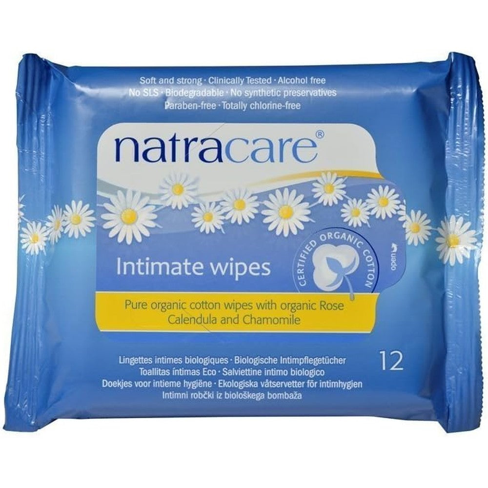 Natracare Organic Cotton Intimate Wipes pack of six front view for sensitive skin hygiene.
