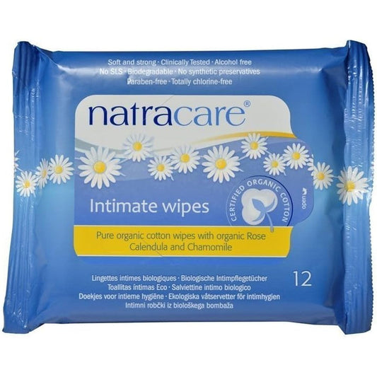 Natracare Organic Cotton Intimate Wipes pack of six front view for sensitive skin hygiene.
