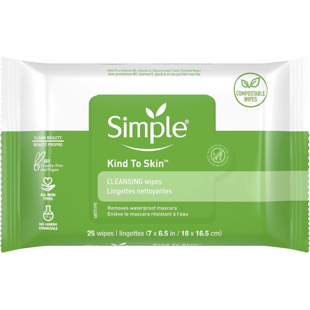 Simple Sensitive Skin Makeup Removing Cleansing Wipes 3 pack front view for gentle facial cleansing.