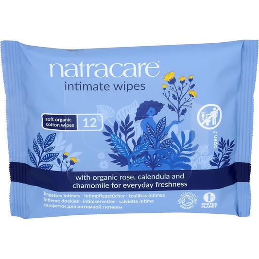 Natracare Organic Cotton Intimate Wipes front view of 12 count pack