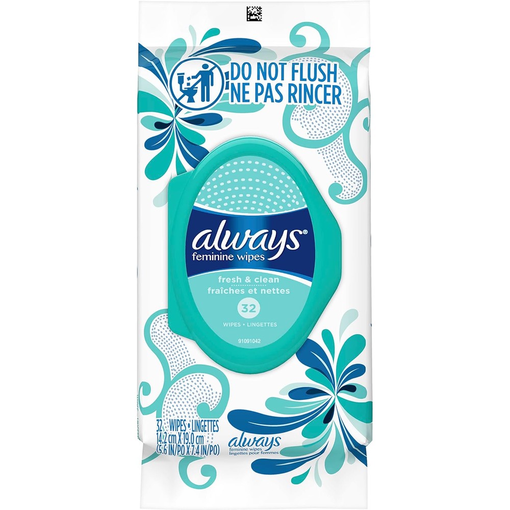 Always Feminine Wipes Fresh and Clean soft pack front view daily hygiene