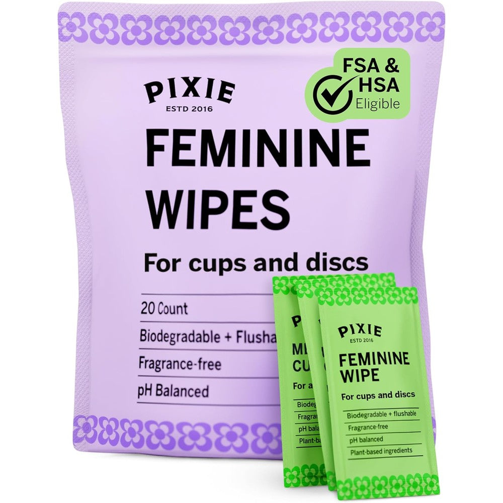 Pixie Cup Feminine Wipes front view of 20 count box showing flushable and biodegradable labels