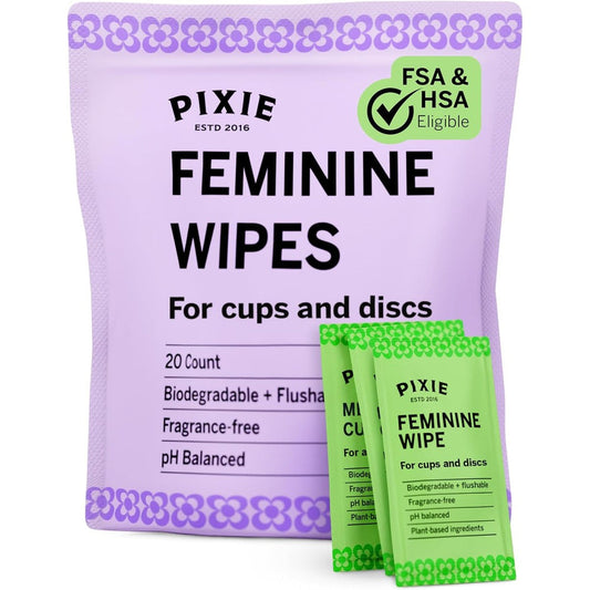 Pixie Cup Feminine Wipes front view of 20 count box showing flushable and biodegradable labels