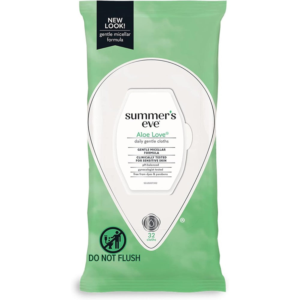 Summer's Eve Aloe Love Cleansing Cloths 32 count pack front view for intimate hygiene.