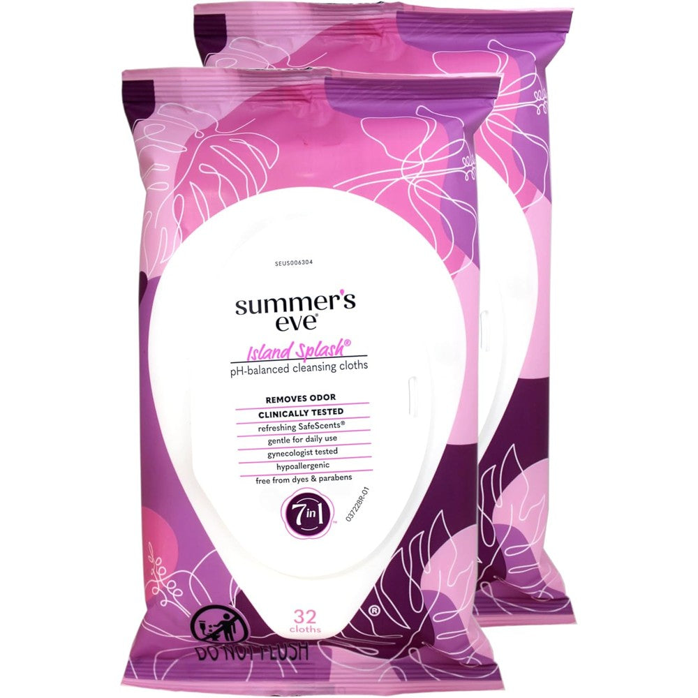 Summer's Eve Island Splash Feminine Wipes 2 pack front view for daily freshness.