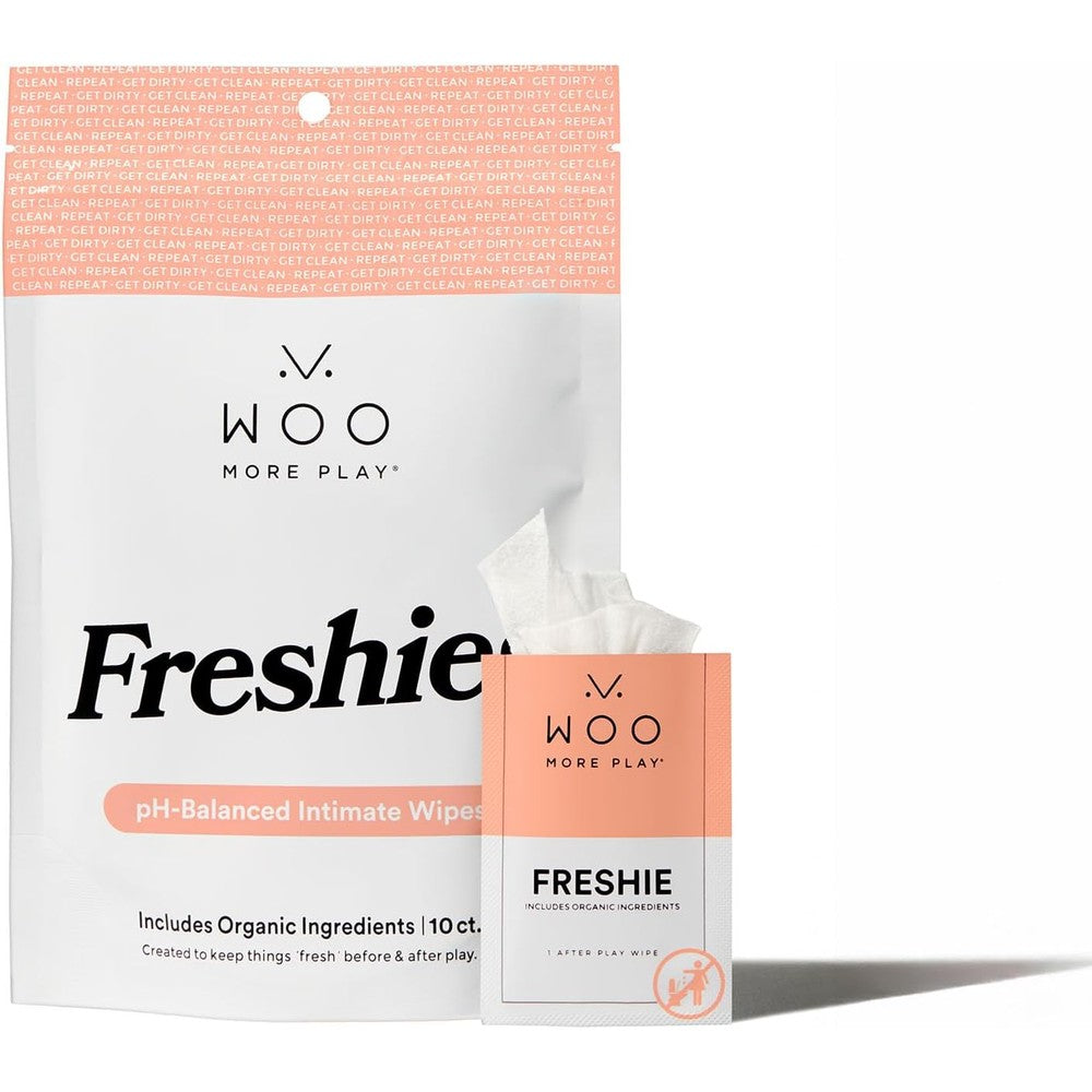 Woo More Play Freshies 10 count box front view for feminine hygiene.