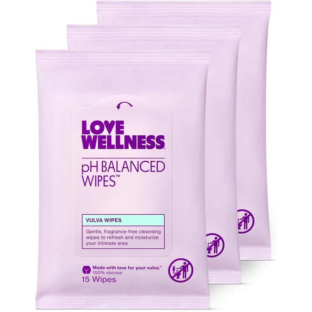 Love Wellness pH Balancing Wipes 3-pack front view for intimate hygiene