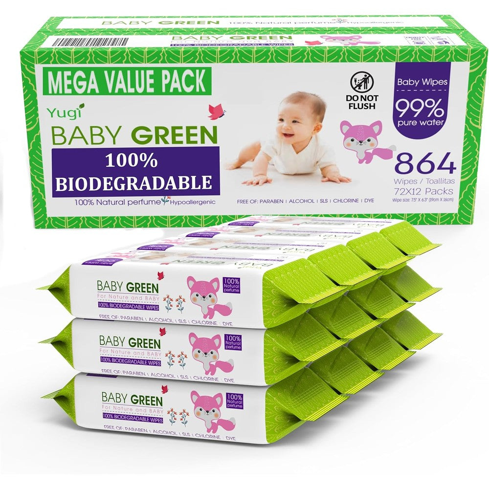 Yugi Baby Green Biodegradable Baby Wipes front view 864 count pack