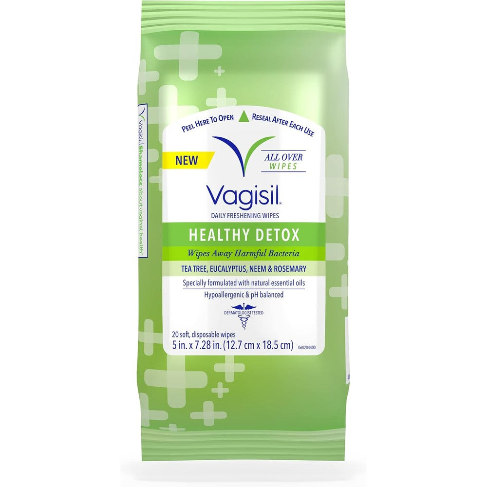 Vagisil Healthy Detox Wipes front view of re-sealable pouch packaging
