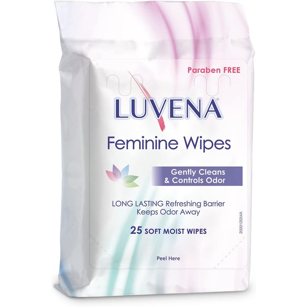 Luvena Feminine Wipes 25 count front pack view for intimate hygiene.