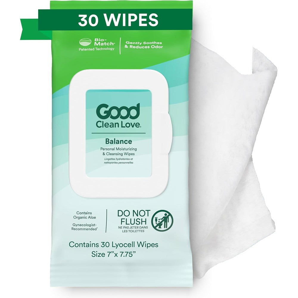 Good Clean Love Balance pH-Balanced Feminine Wipes 30 count front view for intimate hygiene.