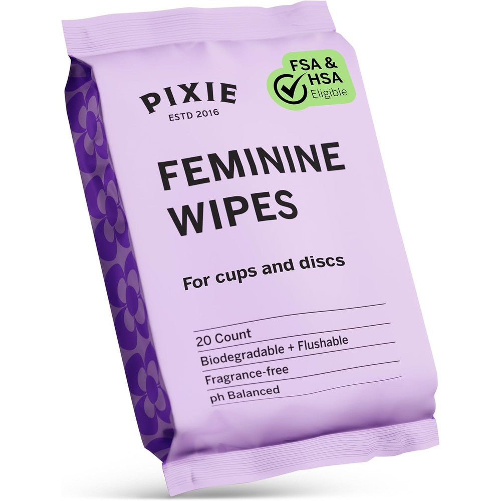 Pixie Cup Feminine Wipes 20 count pack front view for menstrual hygiene