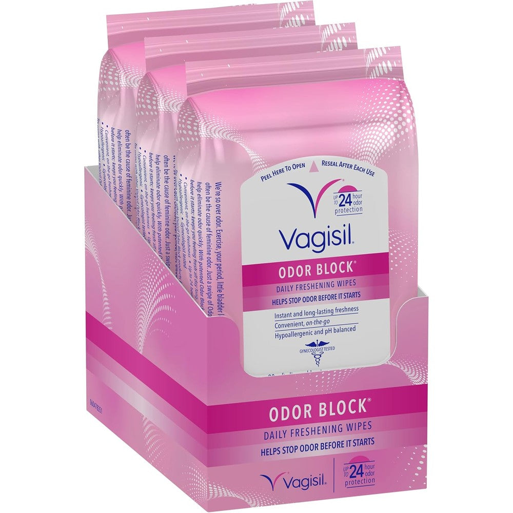Vagisil Odor Block Daily Freshening Wipes pack of 3 front view for feminine hygiene