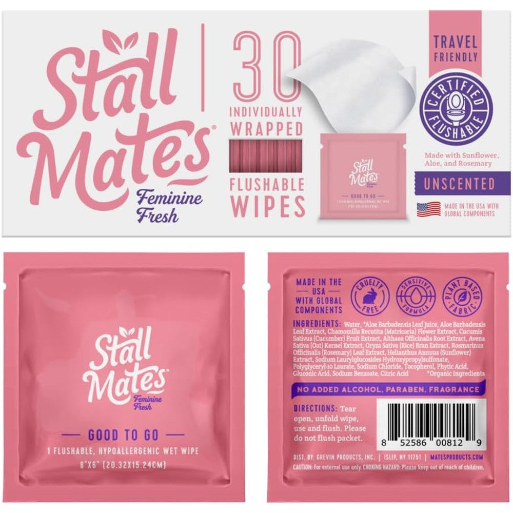 Stall Mates Feminine Fresh Flushable Wipes front packaging showing 30 singles.